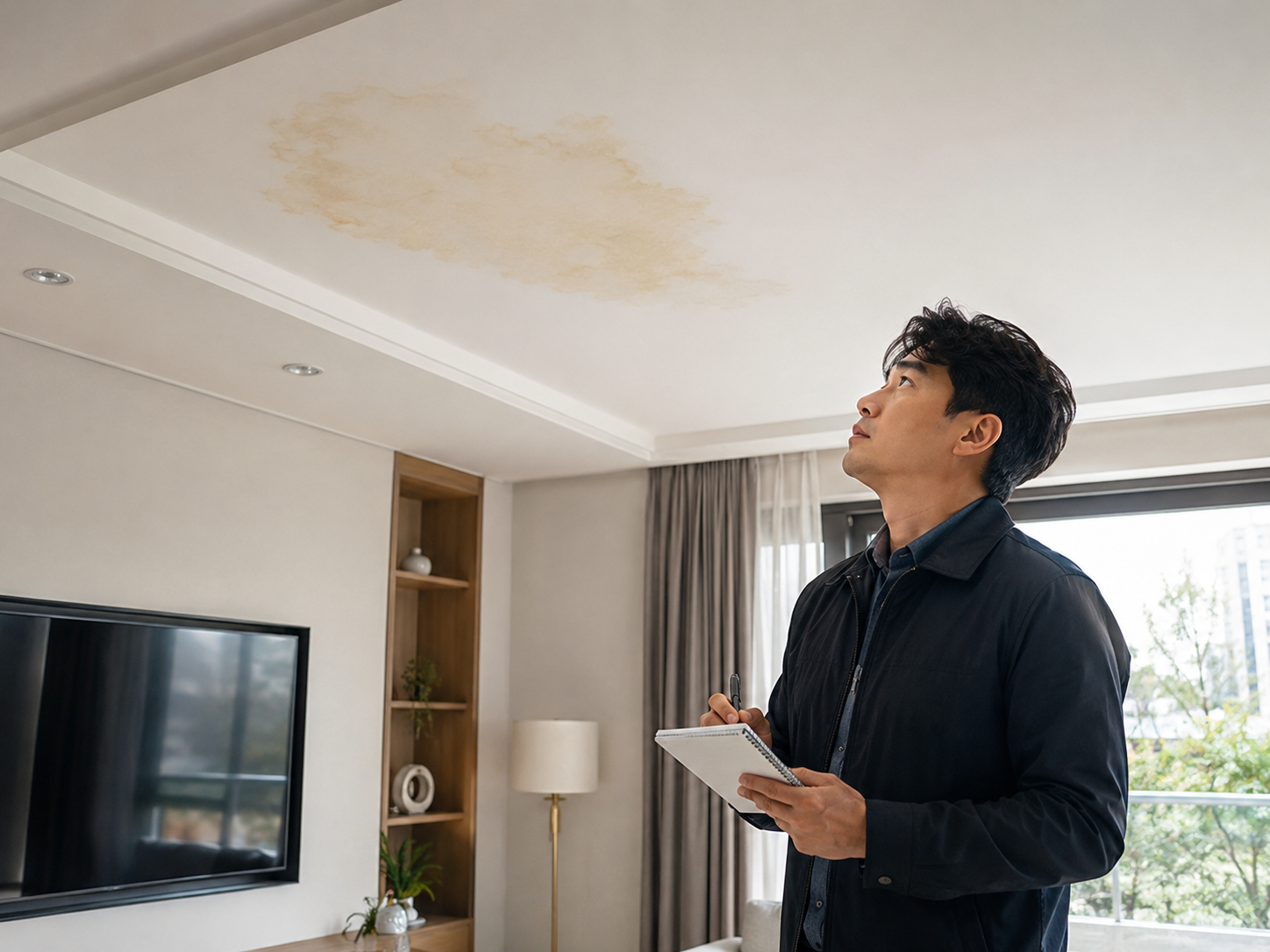 비 온 뒤 천장에 생긴 물자국과 누수 흔적을 확인하는 모습